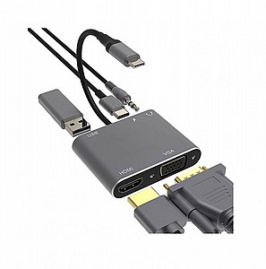 מפצל / תחנת עגינה - Type-C To HDMI / VGA / USB / Audio / USB-C Adapter Converter 5 in 1 מפצל / תחנת עגינה - Type-C To HDMI / VGA / USB / Audio / USB-C Adapter Converter 5 in 1